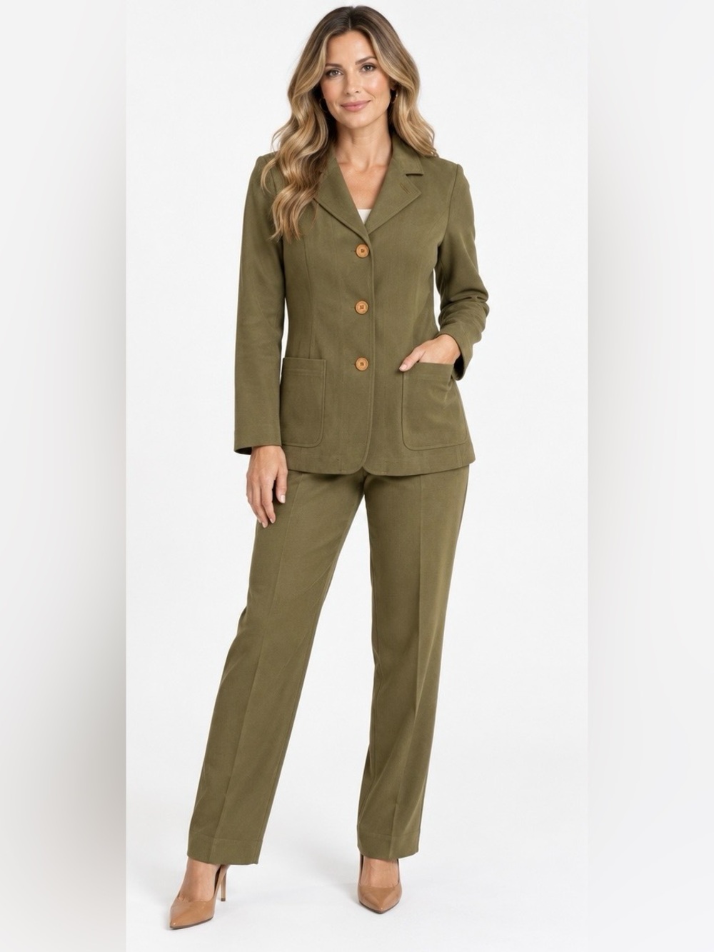 Vintage Harvé Benard Size 10 Olive 2 Piece Pantsuit Blazer Pants 90s